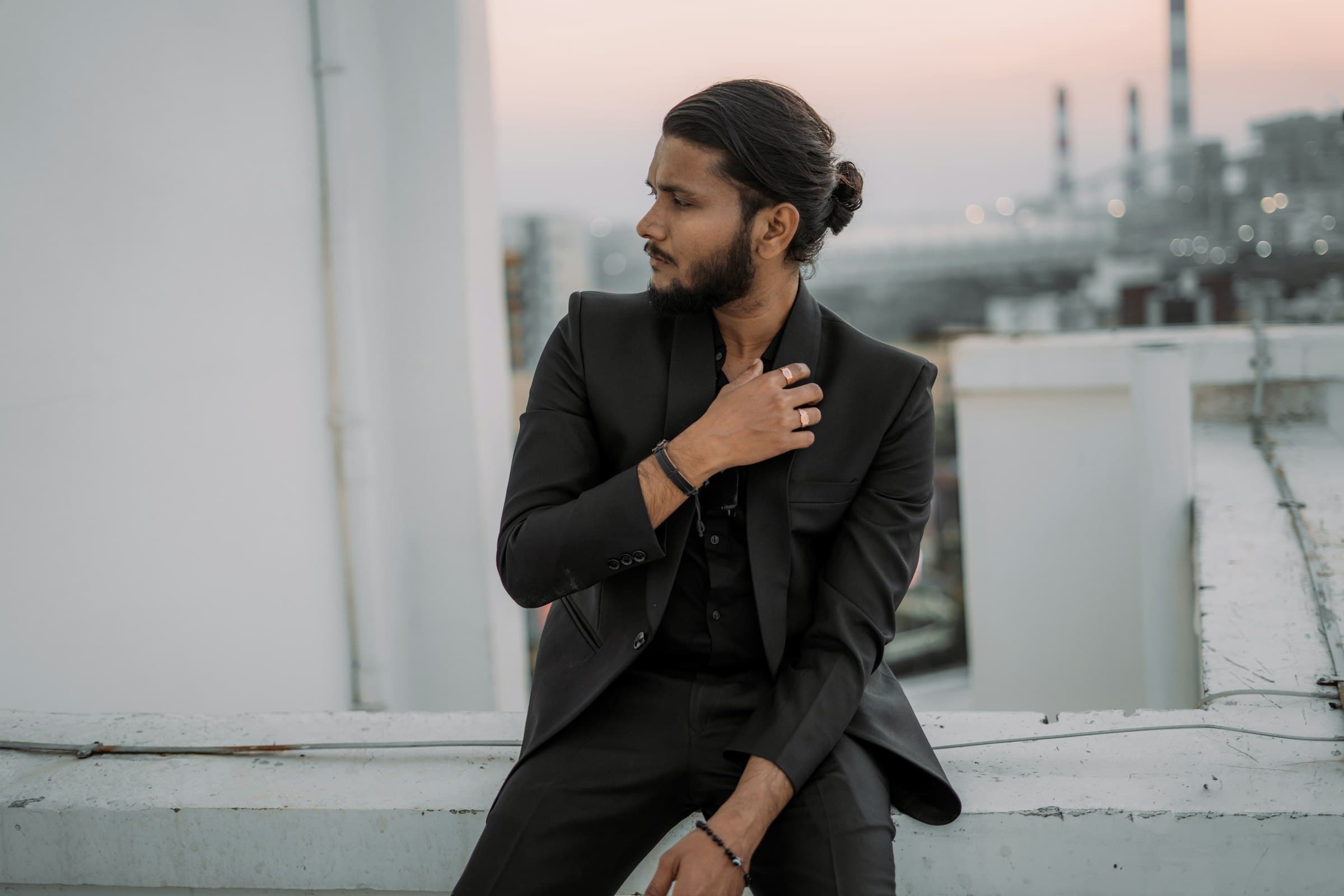 Male model in charcoal tailoring